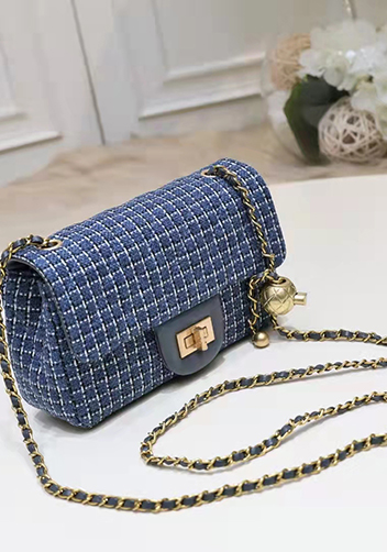 Adele Flap Tweed Long Bag With Adjusting Ball Blue