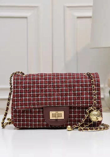 Adele Flap Tweed Long Bag With Adjusting Ball Burgundy