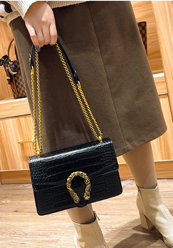 Jess Faux Croc Leather Shoulder Bag Black