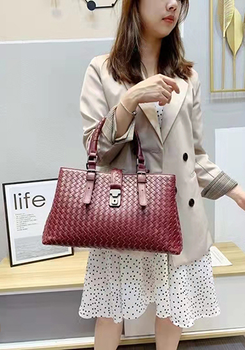 Mia Woven Leather Shoulder Bag Burgundy