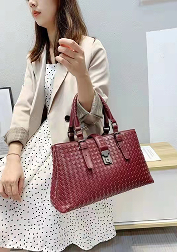 Mia Woven Leather Shoulder Bag Burgundy