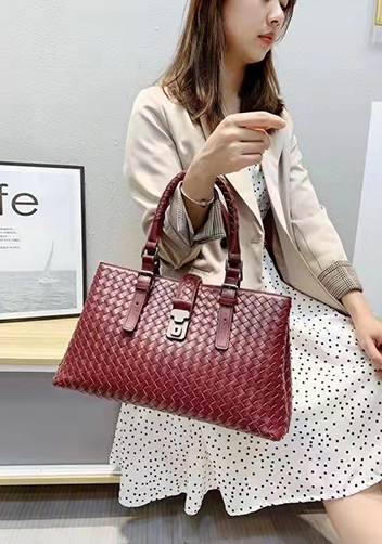 Mia Woven Leather Shoulder Bag Burgundy