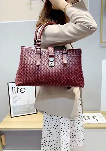 Mia Woven Leather Shoulder Bag Burgundy