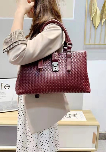 Mia Woven Leather Shoulder Bag Burgundy