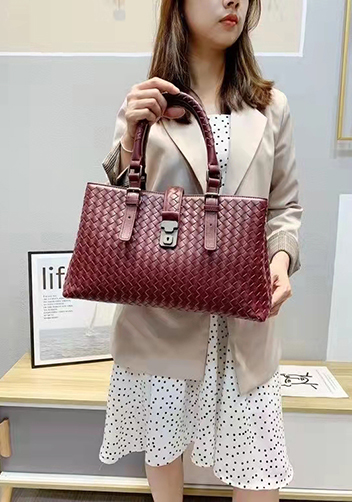 Mia Woven Leather Shoulder Bag Burgundy