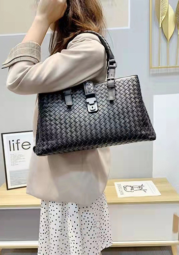 Mia Woven Leather Shoulder Bag Black