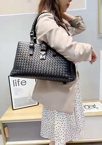 Mia Woven Leather Shoulder Bag Black