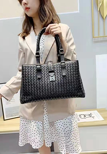 Mia Woven Leather Shoulder Bag Black