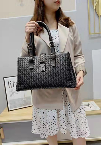 Mia Woven Leather Shoulder Bag Black