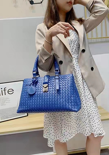 Mia Woven Leather Shoulder Bag Electric Blue