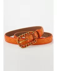 ROSLYN METAL CIRCLE BUCKLE QUILTED LEATHER BELT CAMEL