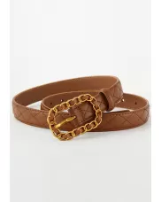 ROSLYN METAL CIRCLE BUCKLE QUILTED LEATHER BELT CARAMEL