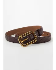 ROSLYN METAL CIRCLE BUCKLE QUILTED LEATHER BELT CHOCO