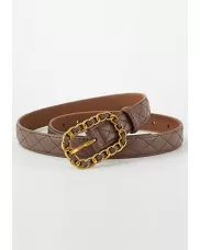 ROSLYN METAL CIRCLE BUCKLE QUILTED LEATHER BELT KHAKI