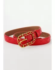ROSLYN METAL CIRCLE BUCKLE QUILTED LEATHER BELT RED