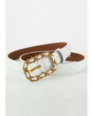 ROSLYN METAL CIRCLE BUCKLE QUILTED LEATHER BELT WHITE