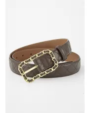 ROSLYN METAL RECTANGLE BUCKLE QUILTED LEATHER BELT BROWN