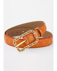 ROSLYN METAL RECTANGLE BUCKLE QUILTED LEATHER BELT CAMEL