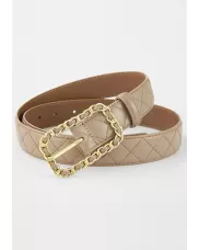 ROSLYN METAL RECTANGLE BUCKLE QUILTED LEATHER BELT LIGHT KHAKI