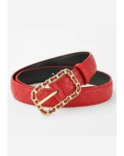 ROSLYN METAL RECTANGLE BUCKLE QUILTED LEATHER BELT RED
