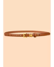 SMALL H GOLD BUCKLE LEATHER BELT BROWN FOR WOMEN