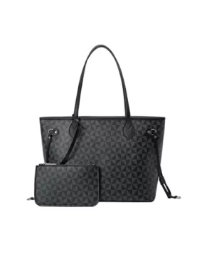 Louisa Triangle Checked Vegan Leather Tote Black