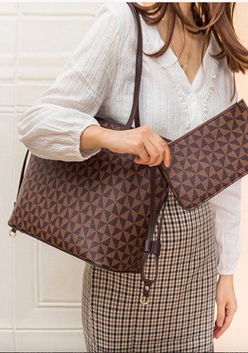 Louisa Triangle Checked Vegan Leather Tote Brown