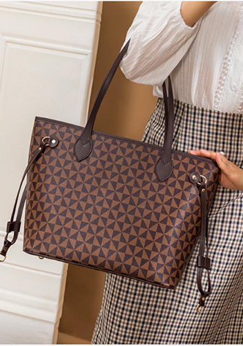 Louisa Triangle Checked Vegan Leather Tote Brown