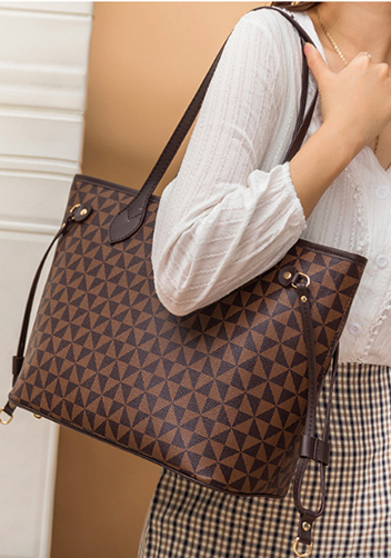 Louisa Triangle Checked Vegan Leather Tote Brown