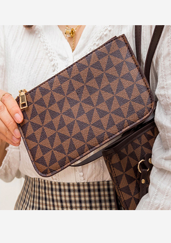Louisa Triangle Checked Vegan Leather Tote Brown