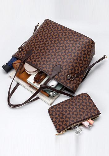 Louisa Triangle Checked Vegan Leather Tote Brown