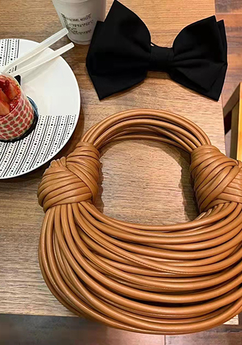Dina Spaghetti Vegan Leather Knot Top Handle Bag Camel