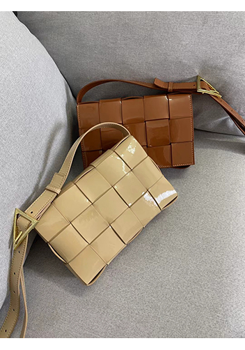 Mia Square Patent Leather Shoulder Bag Beige