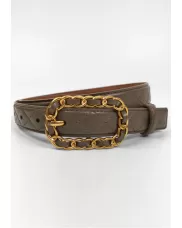 Chain Link Buckle Leather Belt Grey
