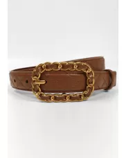Chain Link Buckle Leather Belt Brown