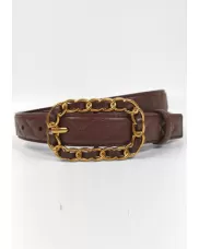 Chain Link Buckle Leather Belt Dark Brown