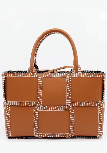 Mia Woven Leather 6 Squares Stitches Tote Camel