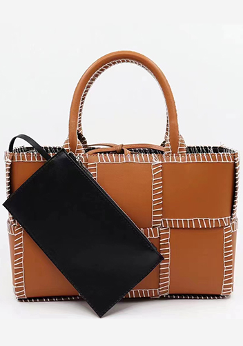 Mia Woven Leather 6 Squares Stitches Tote Camel