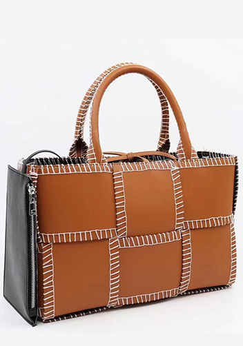 Mia Woven Leather 6 Squares Stitches Tote Camel