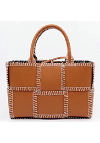 Mia Woven Leather 6 Squares Stitches Tote Camel