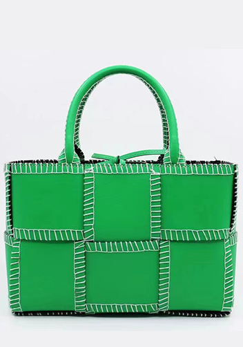 Mia Woven Leather 6 Squares Stitches Tote Green Parakeet