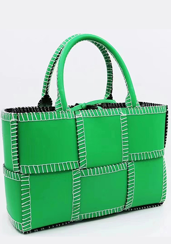 Mia Woven Leather 6 Squares Stitches Tote Green Parakeet