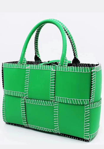 Mia Woven Leather 6 Squares Stitches Tote Green Parakeet
