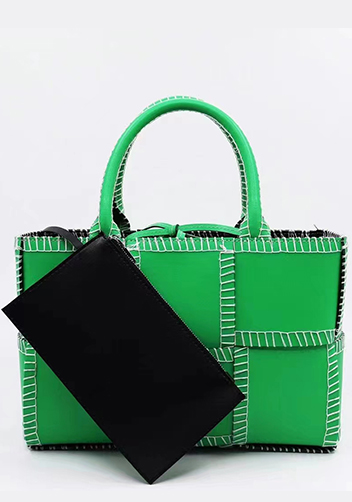 Mia Woven Leather 6 Squares Stitches Tote Green Parakeet