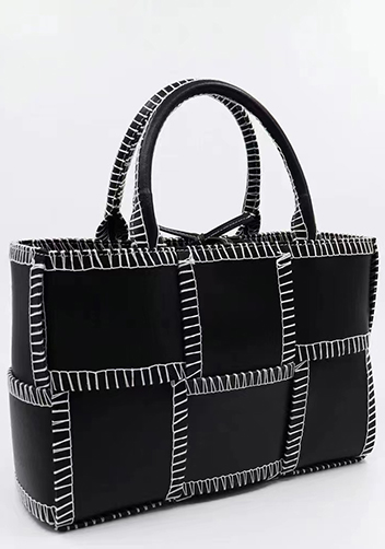 Mia Woven Leather 6 Squares Stitches Tote Black
