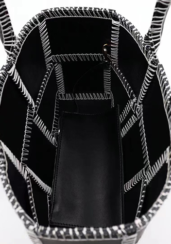 Mia Woven Leather 6 Squares Stitches Tote Black