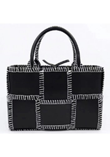 Mia Woven Leather 6 Squares Stitches Tote Black