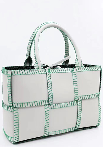 Mia Woven Leather 6 Squares Stitches Tote White