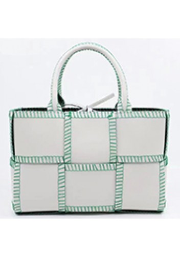 Mia Woven Leather 6 Squares Stitches Tote White