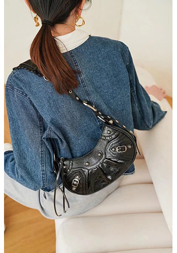 The Route 66 XS Studded Leather Shoulder Bag Black